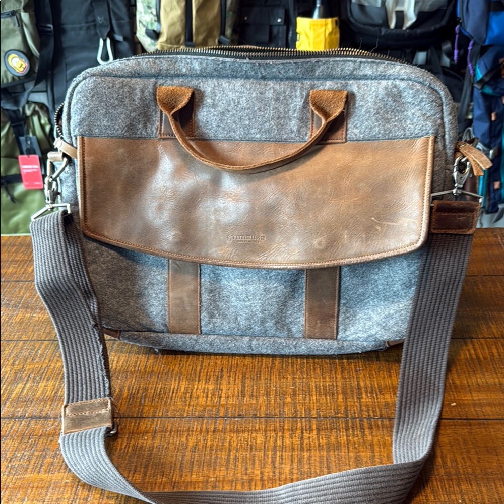Timbuk2 Gray and Brown Messenger Bag with Leather Accents